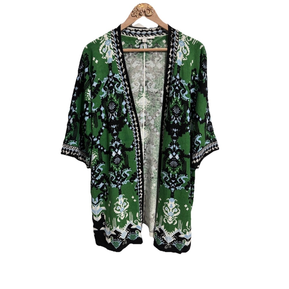 Chico's Size 3 XL Green Black Blue Baroque Open Front Cardigan Sweater